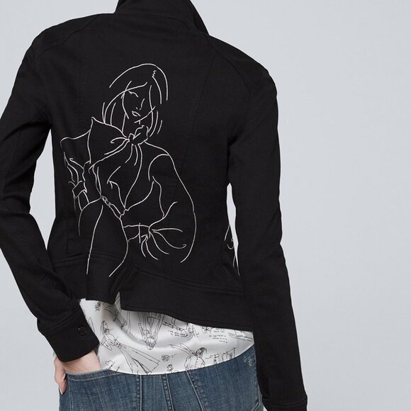 WHBM $150 35th Anniversary Embroidered Moto Jacket Denim Cotton 14 Black White - Picture 4 of 9